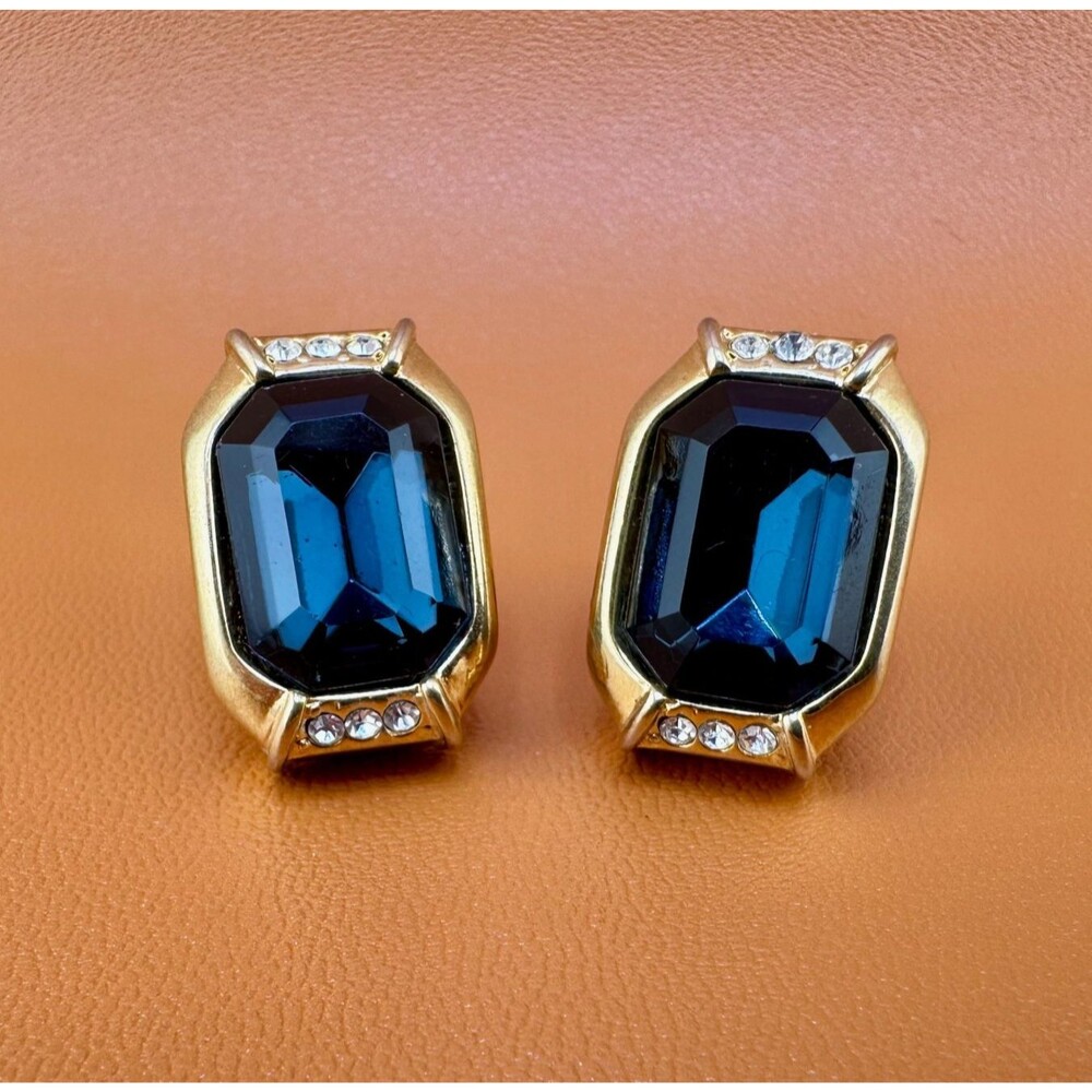 Vintage Nolan Miller Earrings Shiny Gold Tone Blue Glass Emerald Cut Stone